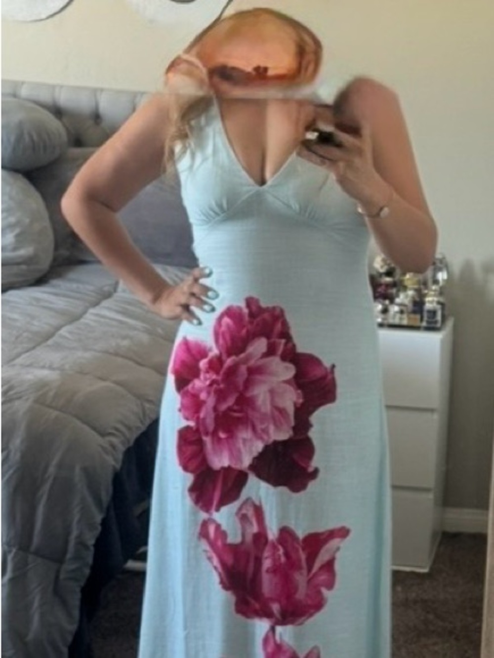 Light Blue Maxi Dress with Pink Floral Detail